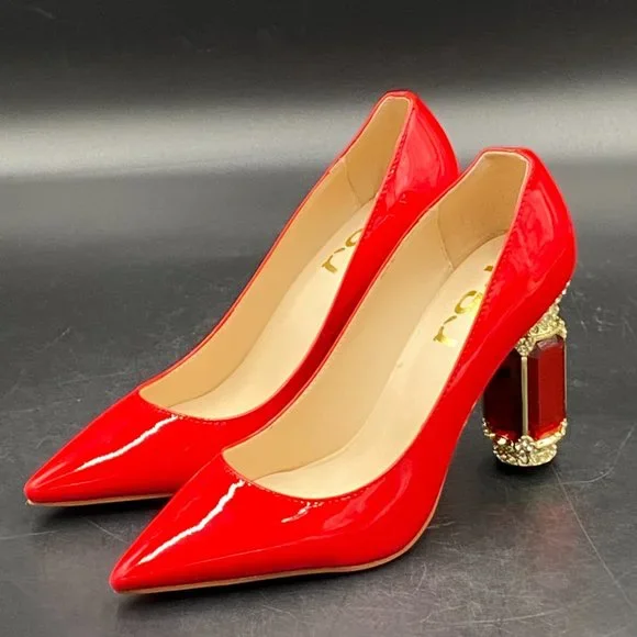 FSJ Red Bridal Pointed Toe Chunky Block Low Heel Crystal Pump - Picture 4 of 9